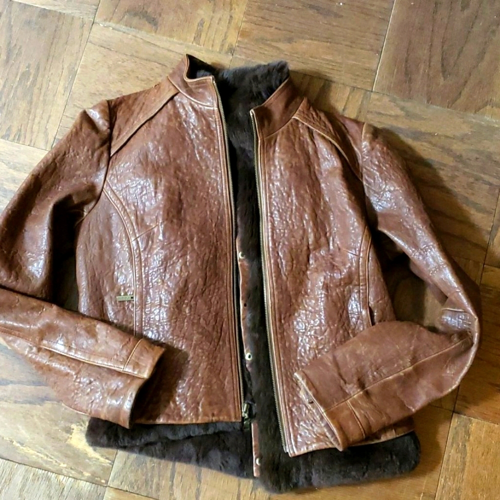 Cole Haan Womens Brown Lambskin Rabbit Moto jacket